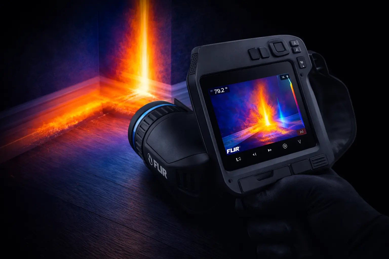 Infrared thermal imaging used to detect hidden leak behind wall surface