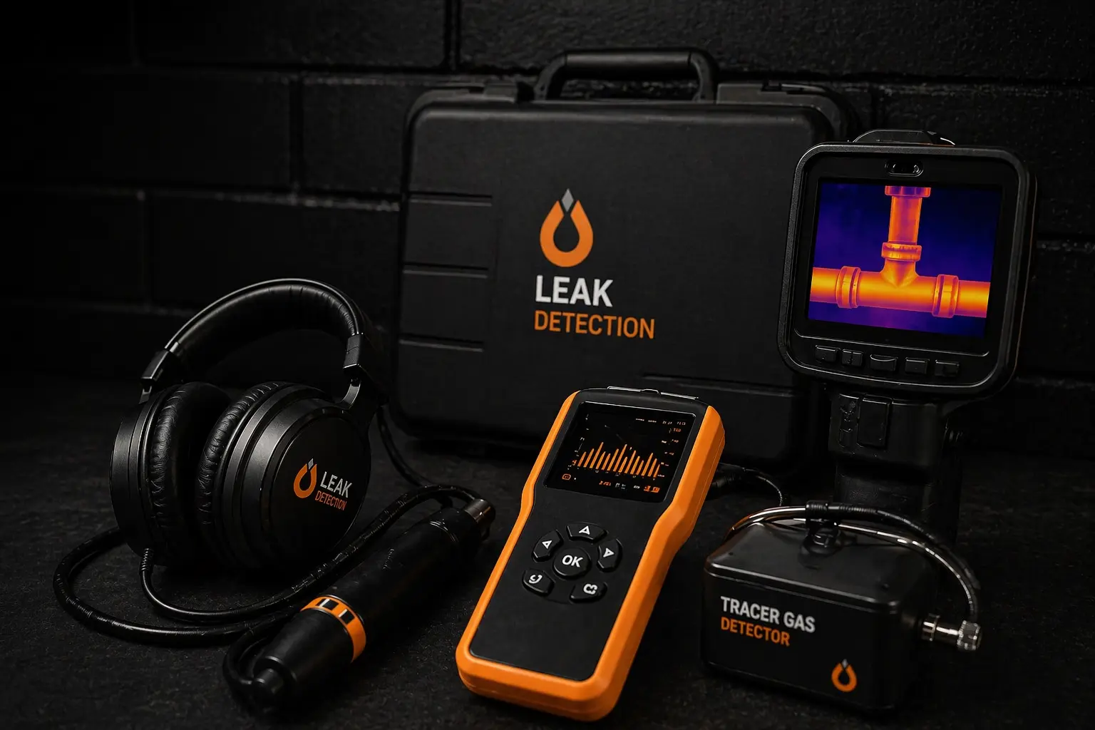 Professional leak detection equipment showing how the correct detection method is selected using thermal imaging, acoustic tools and tracer gas technology