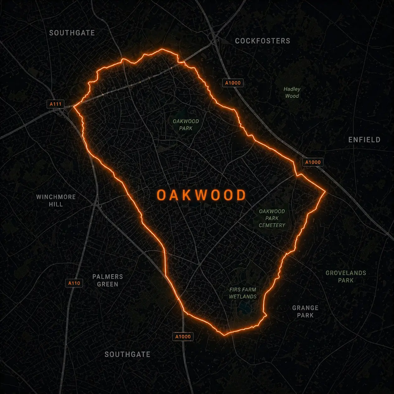 Leak detection service coverage map of Oakwood, North London